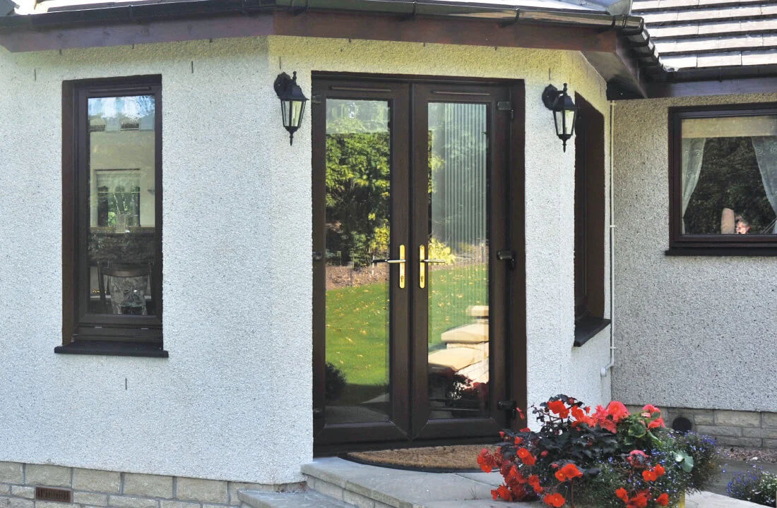 Rosewood woodgrain uPVC French doors showing colour and finish options