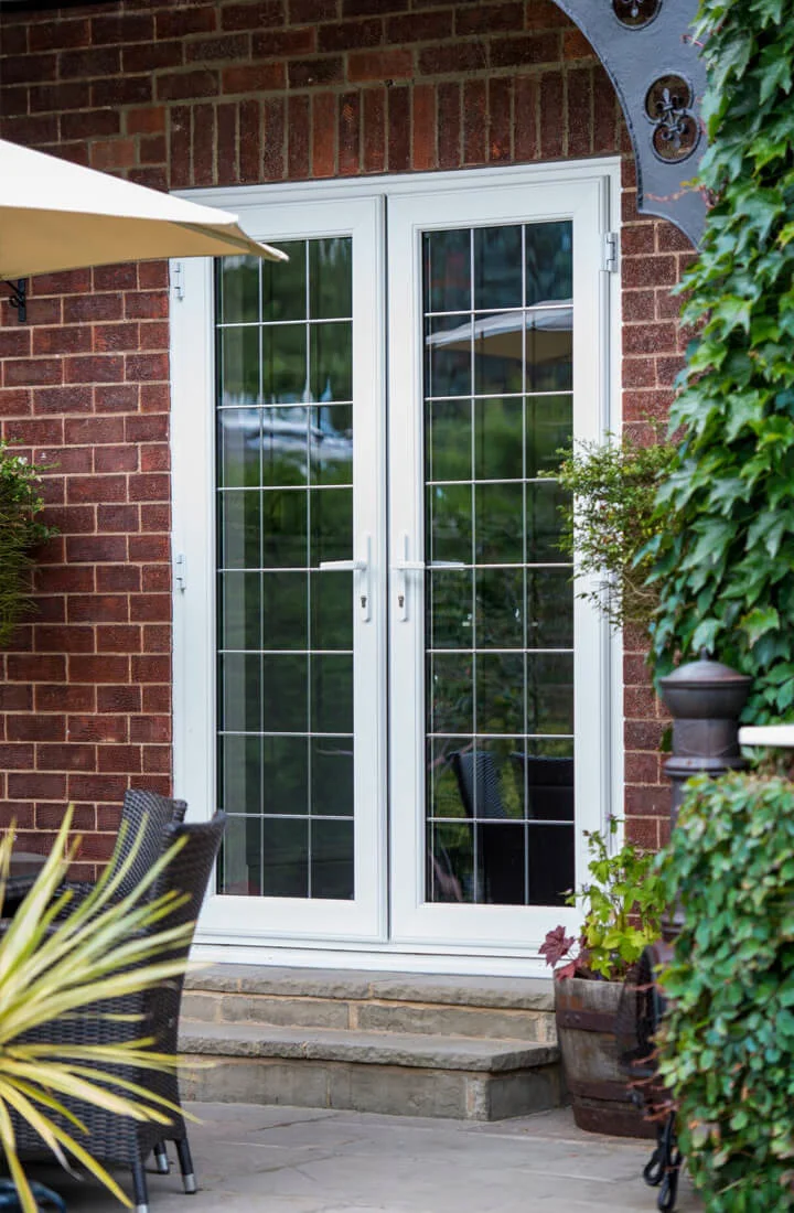 uPVC French door with leaded decorative glass