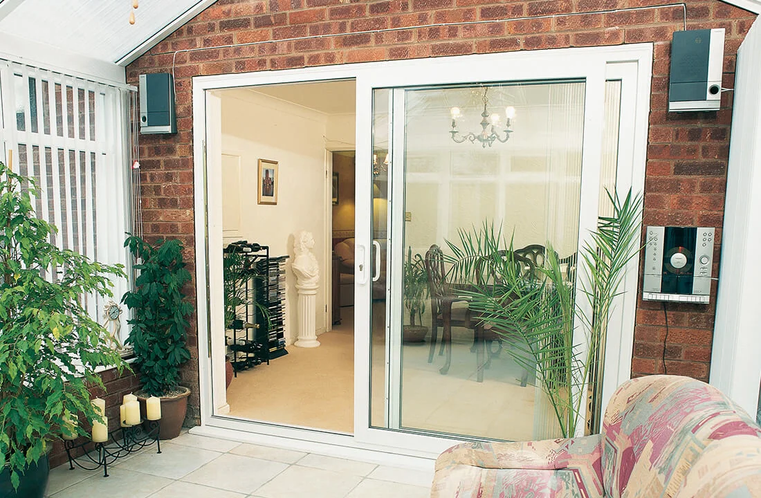 Interior view of white uPVC patio door showing natural light