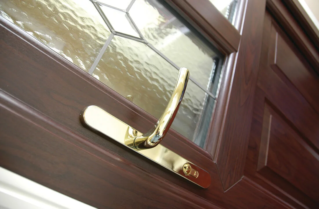 Rosewood uPVC entrance door close up