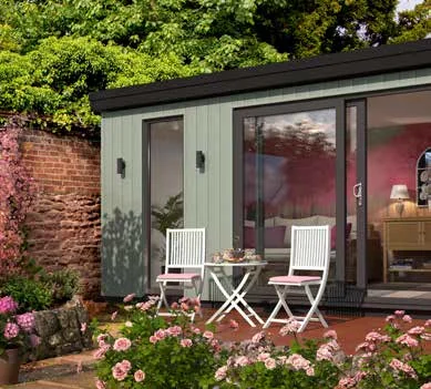 Soft green cladding garden room